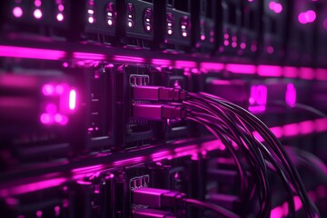 Fototapeta premium Close-up of server rack with glowing purple lights and cables.