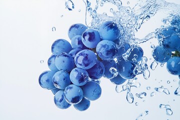 Fototapeta premium Fresh blue grapes splashing in water.