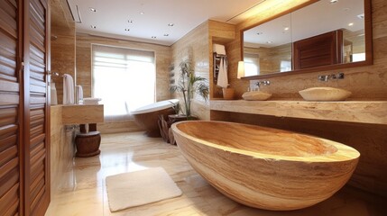 Fototapeta premium Modern bathroom ideas with a combination of natural wood decor and smooth stone finishes, creating a luxurious yet minimalist aesthetic