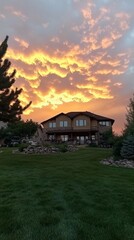 Fototapeta premium Stunning Sunset Over Luxury House Landscape