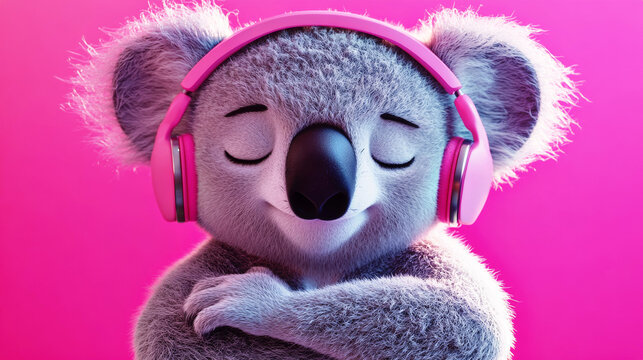 Cute coala in headphones.