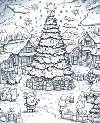 Obraz premium Charming black-and-white illustration of a snowy village with a giant decorated Christmas tree surrounded by animals and gifts
