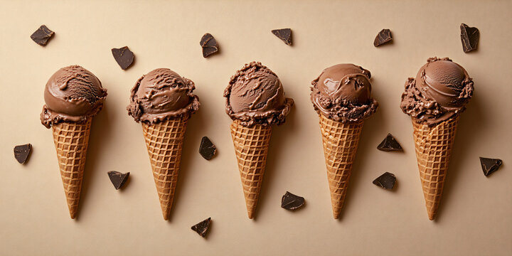 Chocolate ice cream cones on a beige background, mocha mousse. Summer banner concept for backdrop and wallpapers with space for text
