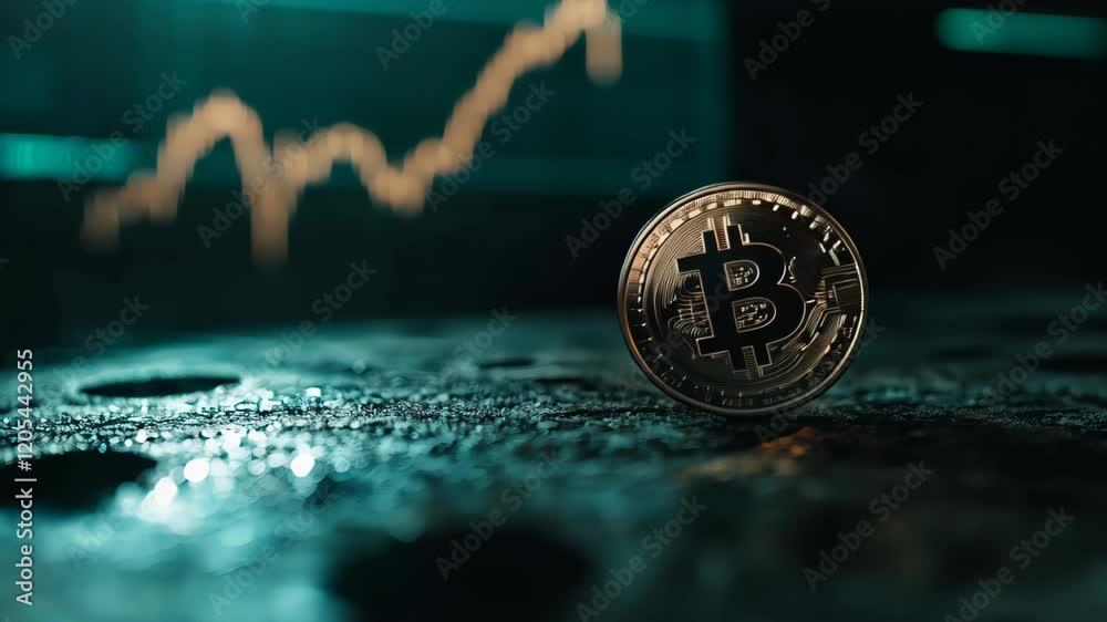 Poster bitcoin cryptocurrency coin increasing its market value with a positive trend chart in the backgroun