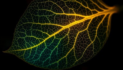 Illuminated Leaf Veins Glowing with Golden Light Against a Dark Background Detailed Macro Photography of Intricate Organic Structure