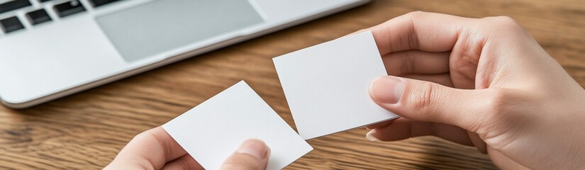 Obraz premium Close-up of hands holding two blank square cards near a laptop on a wooden table.