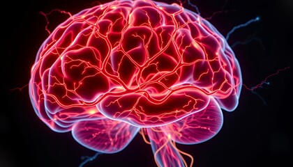 Intricate Glowing Human Brain 3D Medical Illustration: Detailed Anatomy of Neural Network and Vessels