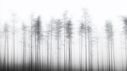 Monochrome misty forest scene, tall slender trees in fog, nature photography.