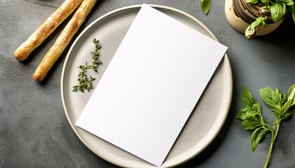 Elegant diagonal menu mockup elegantly displayed on a round plate featuring a minimalist design, perfect for showcasing culinary offerings or restaurant branding. Ideal for menu promotion.