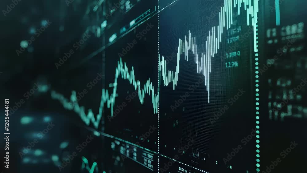 Poster glowing stock market charts are showing growing trends on multiple computer screens in a dark room, 