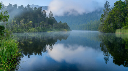Serene Lake Amidst Misty Forest and Mountain Reflections