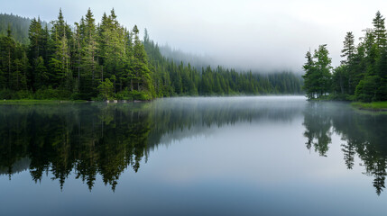 Obraz premium Tranquil Forest Lake with Reflection and Misty Horizon