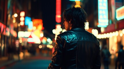 Fototapeta premium Man in leather jacket at night, city lights blurred background.