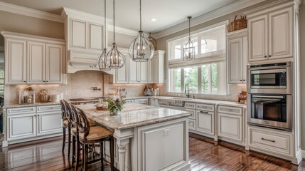 A large kitchen with white cabinets and a marble countertop