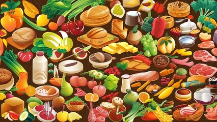 Obraz premium Big number of foods from various categories. Isolated vector icons