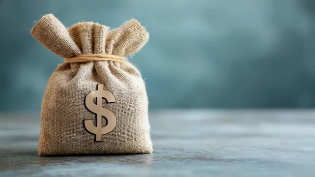 Displaying a burlap money bag adorned with a dollar sign, resting on a table, representing investment, savings, and financial growth against a softly blurred background