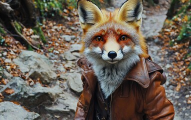 A curious fox in a brown leather jacket, standing on a rocky forest path background