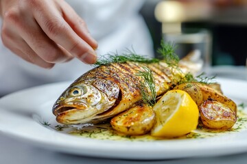 Chef garnishing grilled fish with dill, served with roasted potatoes and lemon.