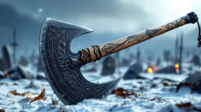 A detailed double sided battle axe rests on snowy ground, surrounded by a graveyard atmosphere.