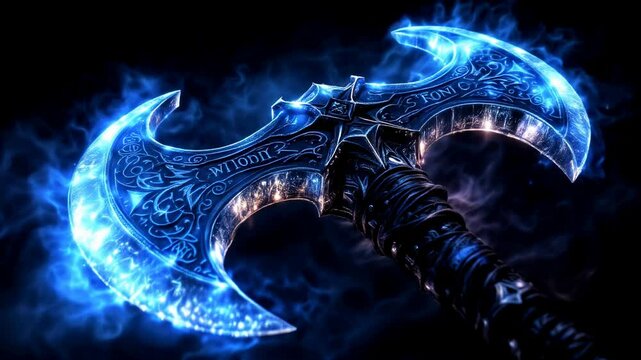 A glowing blue double-headed axe with intricate designs, set against a dark, mystical background.