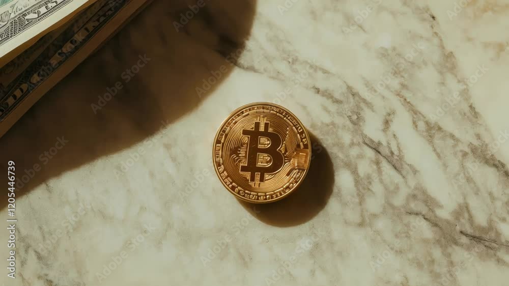 Aufkleber golden bitcoin standing on marble table next to dollar banknotes, representing the shift towards dig