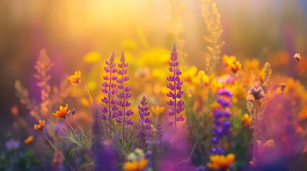 Vibrant Wildflowers in Bloom Under Golden Light