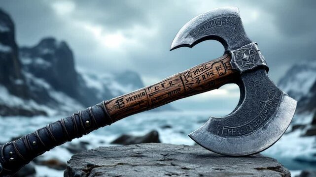 A detailed double sided battle axe rests on a stone, set against a dramatic mountainous backdrop.