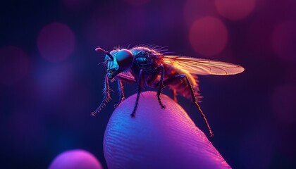 Close-up of a fly on a fingertip, illuminated with vibrant neon lighting.