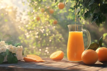 Obraz premium Fresh orange juice in glass pitcher on wooden table outdoors, sunlight, oranges, flowers.