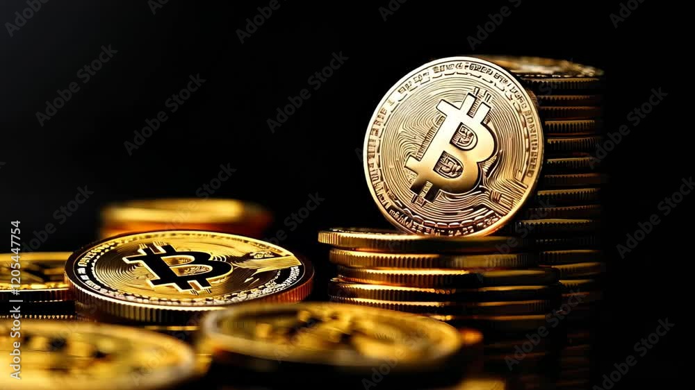 Aufkleber gold bitcoin cryptocurrency coins are stacked and scattered on a black background, creating a visual