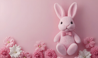 Obraz premium Cute pink bunny with flowers studio setting decorative plush toy bright environment close-up view easter concept
