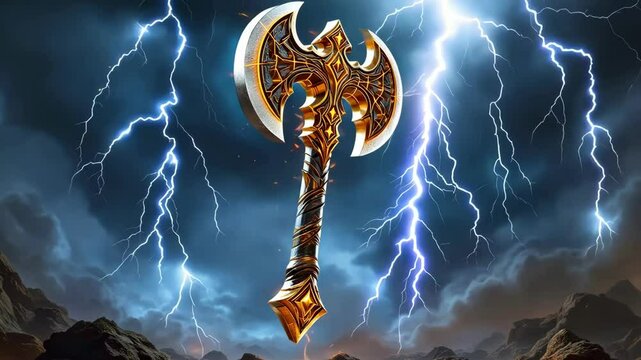A glowing, ornate double sided battle axe surrounded by dramatic lightning in a stormy landscape.
