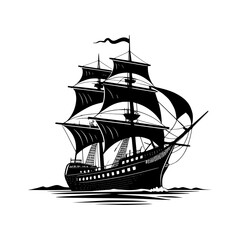 Sailing Ship. Vintage Sailing Ship Silhouette on Ocean Waves