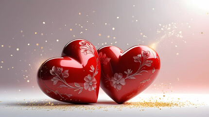 two red heart shapes on pink  watercolor abstract background.