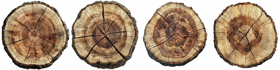 Wooden tree rings displayed in a sequential arrangement, showcasing natural patterns and textures.