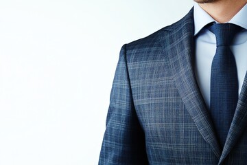 Close-up of a stylish navy blue suit jacket and tie