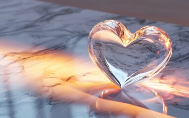 A crystal-clear 3D heart refracting light, placed on a marble-textured surface with warm lighting