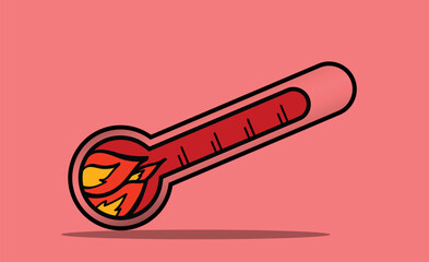 Thermometer showing increasing temperature and fire burning inside