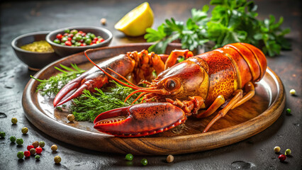 Fresh Caribbean lobster served on wooden platter with herbs and spices against dark background