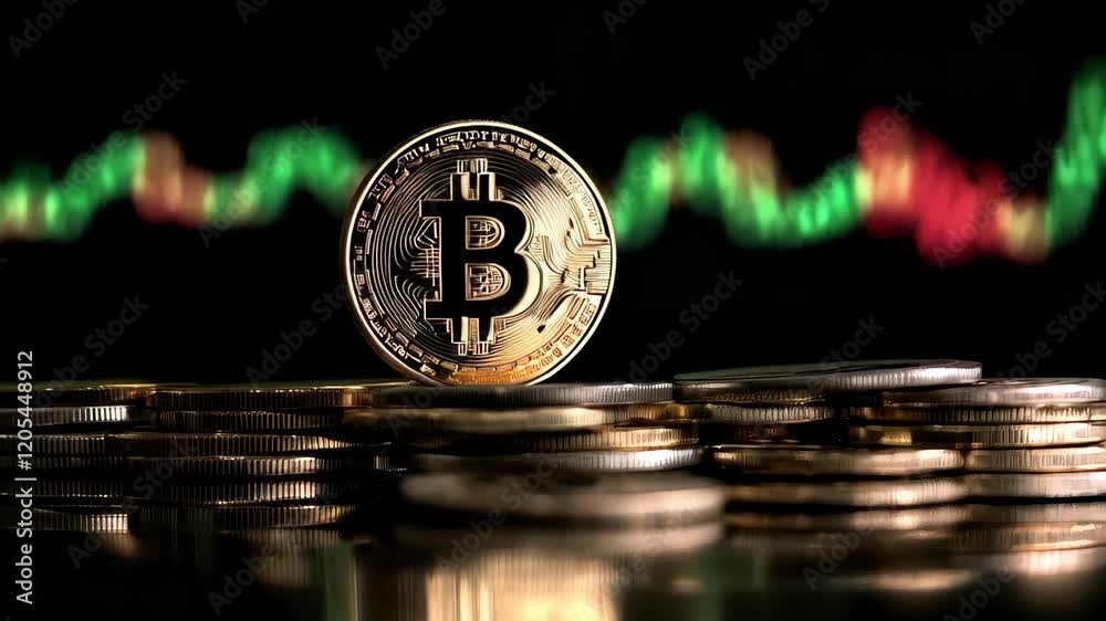 Poster Gold bitcoin standing on pile of various coins with stock market graph showing increasing value, representing cryptocurrency investment and growth in finance