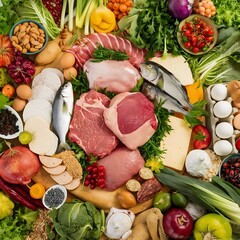 Top view of assorted raw meat, poultry, fish, eggs, vegetables, fruits, nuts, greenery and cheese
