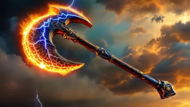 A mystical double sided axe crackling with electric energy against a dramatic sky.