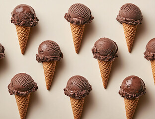 Chocolate ice cream cones on a beige background, mocha mousse. Summer design concept for backdrop and wallpapers with space for text
