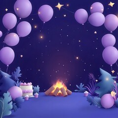 Fototapeta premium Birthday bonfire party with glowing balloons and marshmallows under starry sky outdoor celebration cozy atmosphere festive vibes