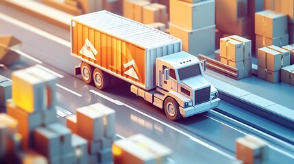 Cargo truck transporting goods on highway amidst boxes.