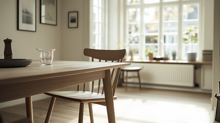 Sunny dining room with wooden table and chairs near window.