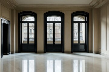 Obraz premium Empty luxury room with three large arched windows and marble floor.