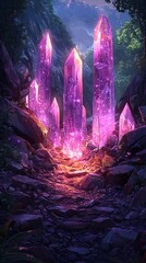 Fototapeta premium A crystal stone forest features smooth-edged pillars set against a bright, colorful background