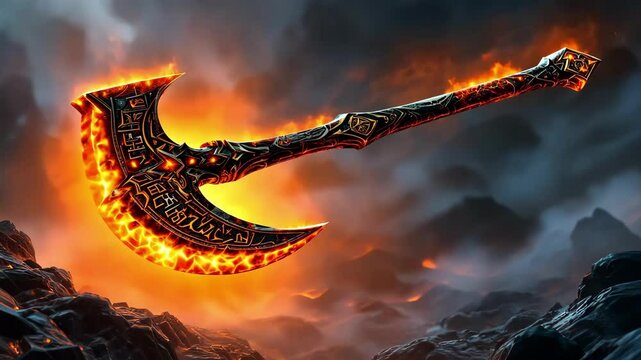 A fiery, ornate double sided battle axe emanating flames, set against a dramatic, smoky background.