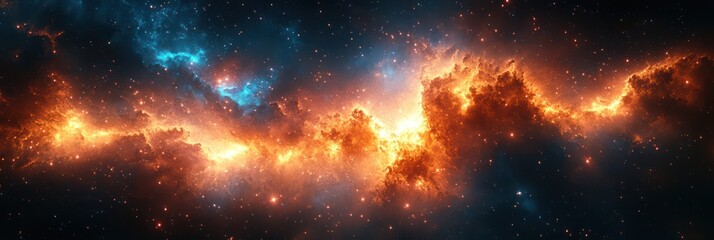Fototapeta premium Cosmic Nebula: A Celestial Tapestry of Fiery Hues and Starry Dust